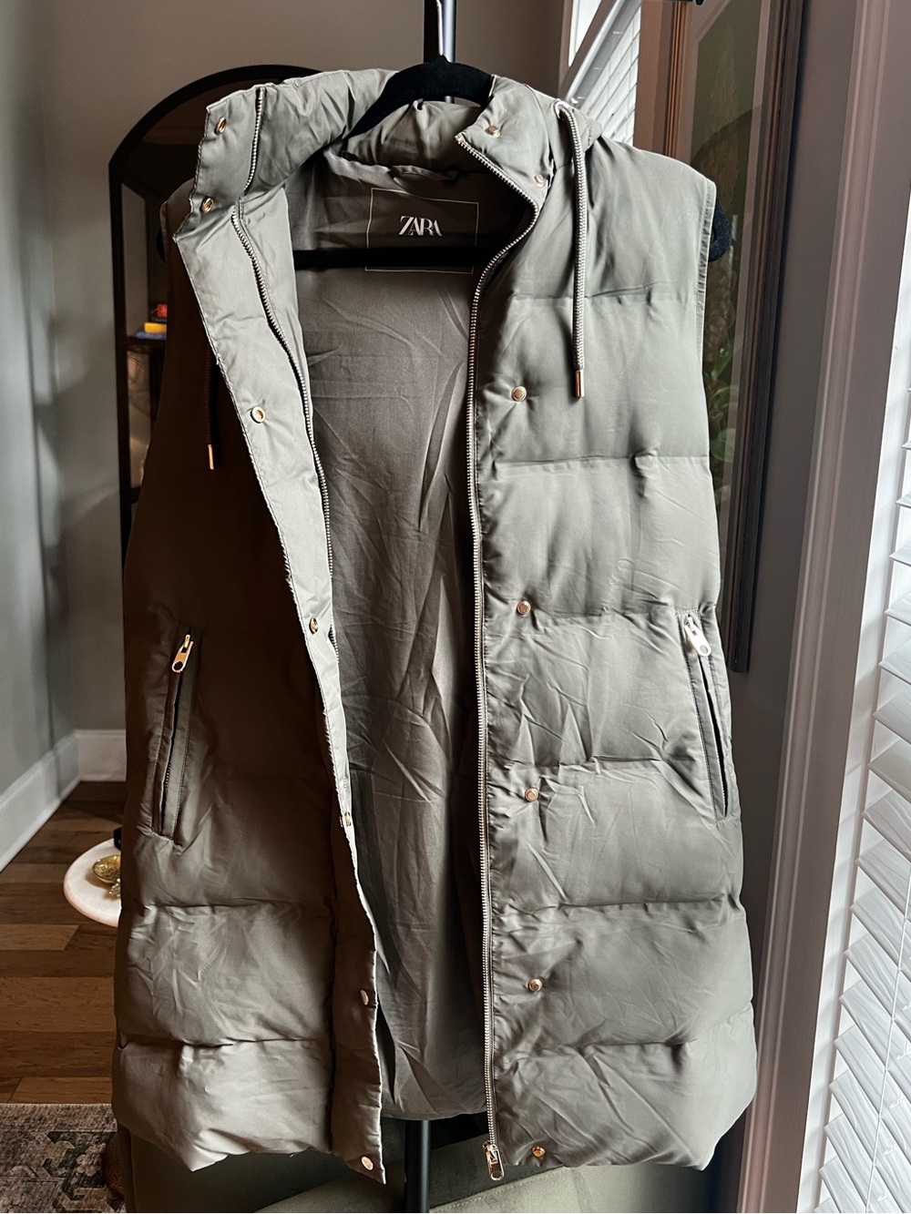 ZARA Olive Puffer Vest with Hooded Stand Collar